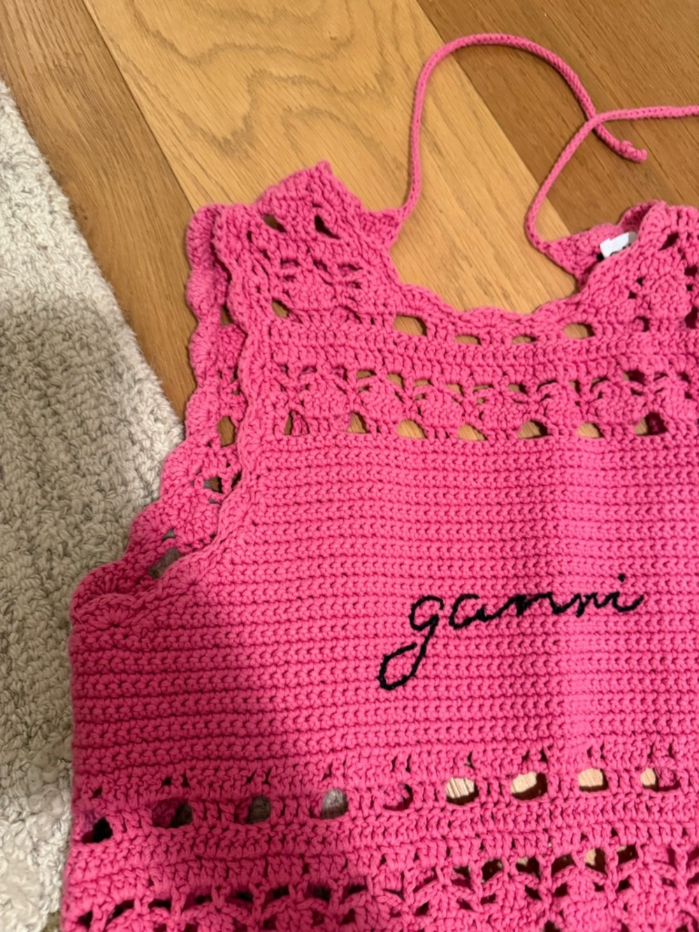 Ganni Bright Pink Crochet Halter Dress - Picture 3 of 5